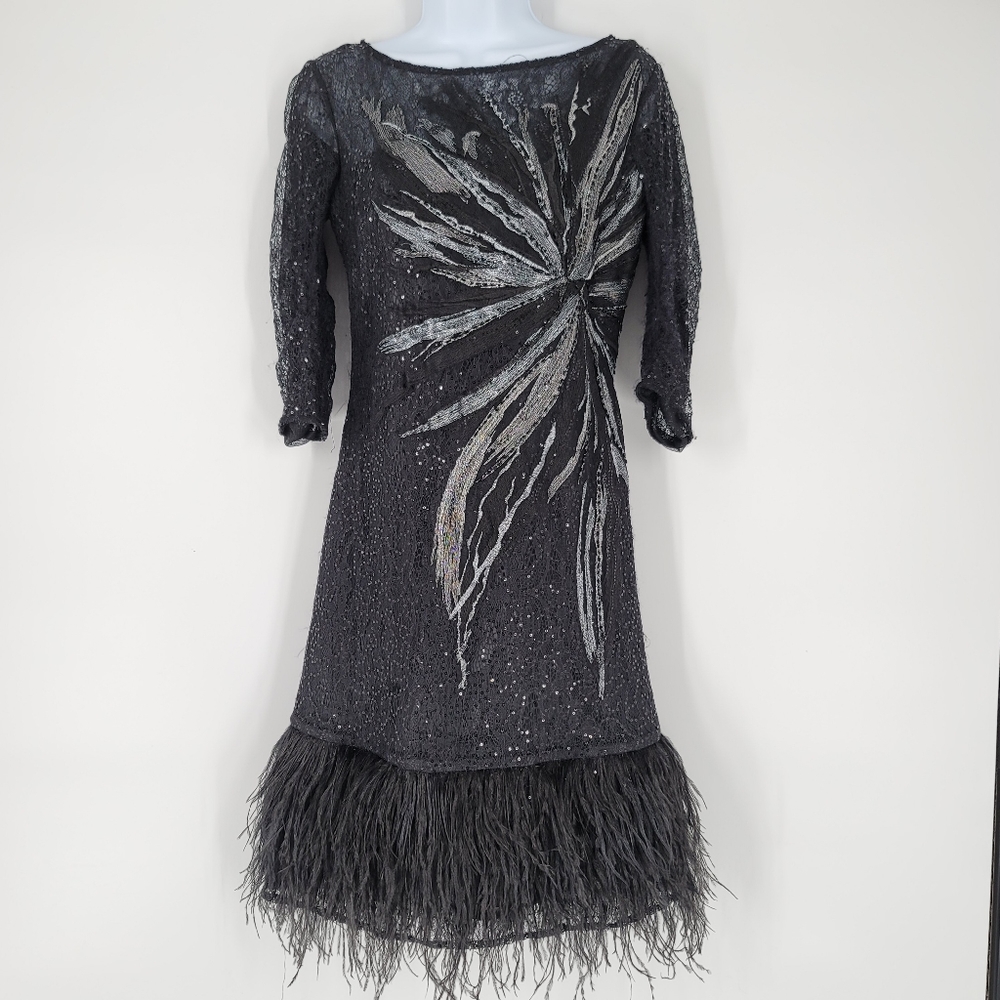 Teri Jon Sequin Feather Knee Length Dress Size 4